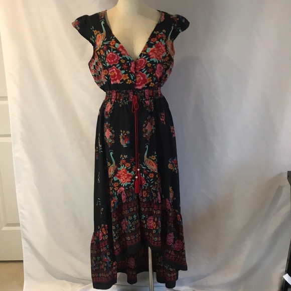 Unbranded Dresses & Skirts - Black floral peacock colorful print short sleeves hi-low maxi dress boho gypsy M